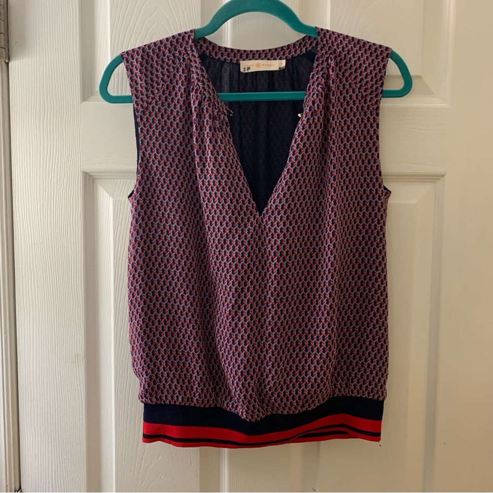 Tory Burch Patterned Sleeveless Blouse in Navy and Red